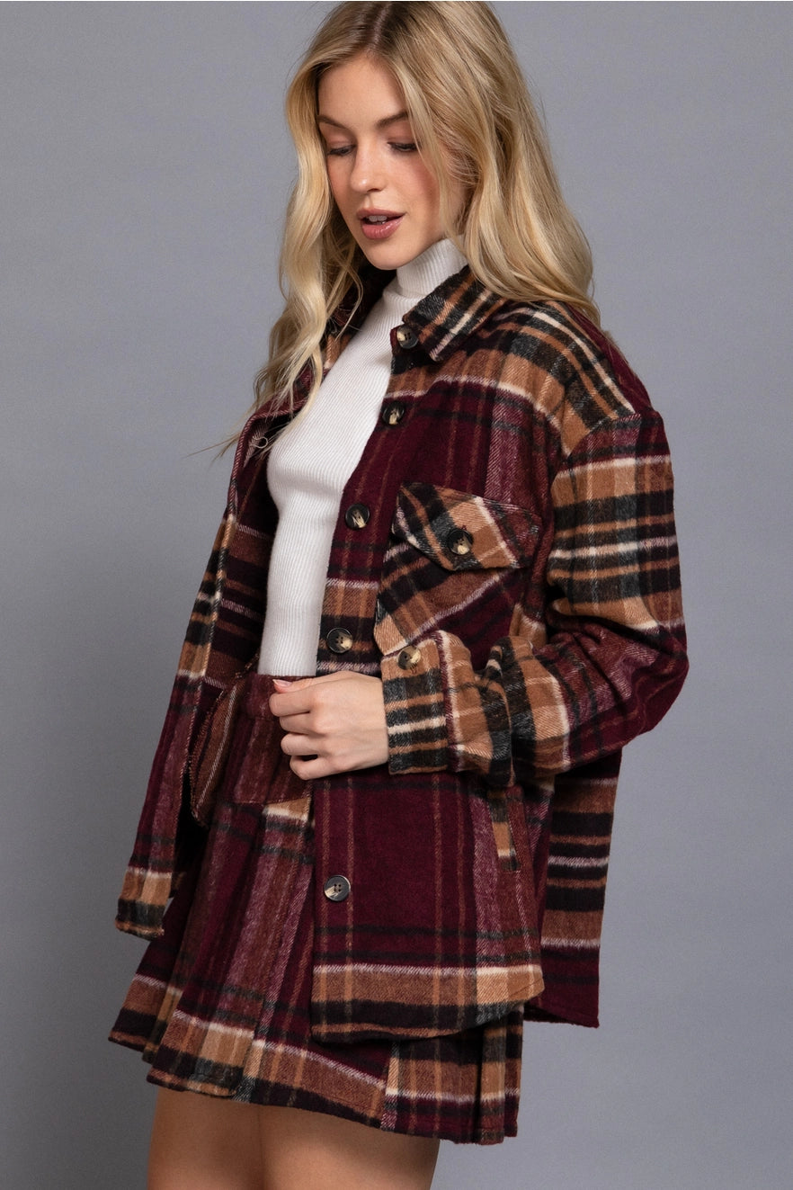 Burgundy Plaid Button Down Jacket