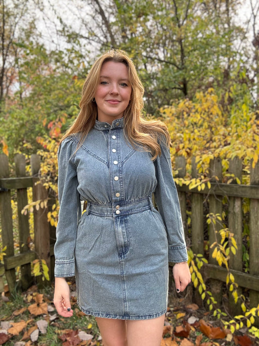 Vintage-Inspired Long-Sleeve Denim Shirt Dress