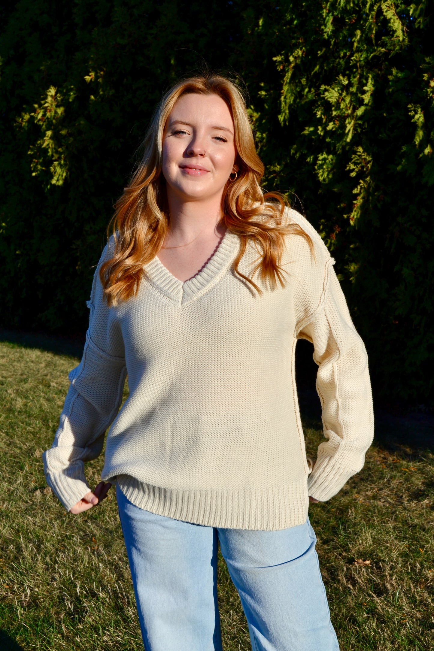 Dani Cream V-Neck Knit Sweater