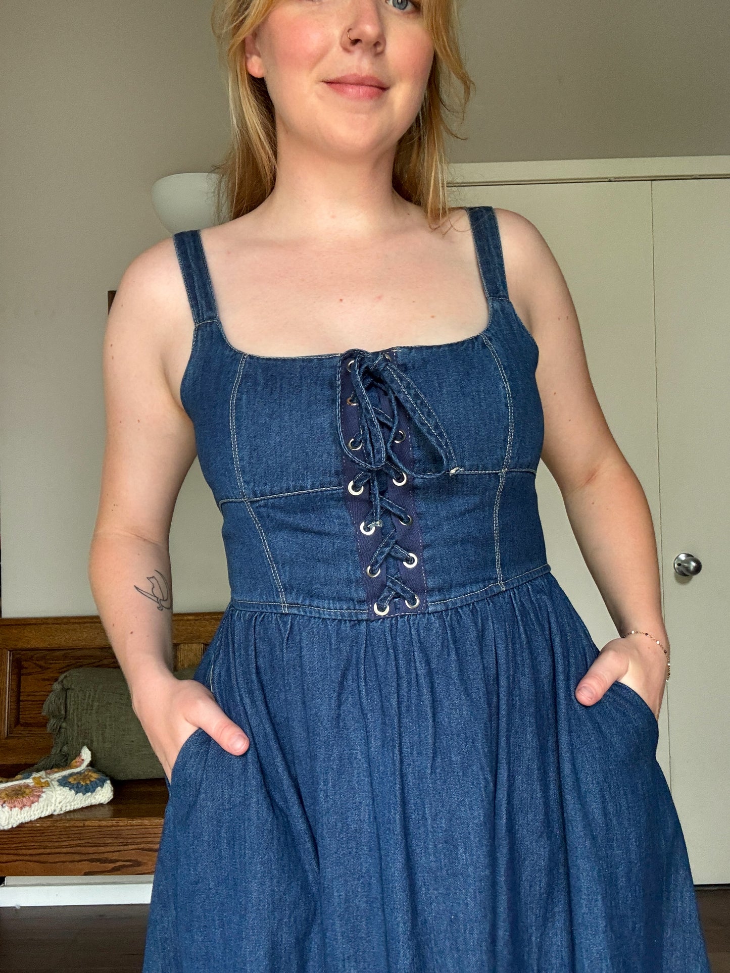Lace Up Denim Midi Dress