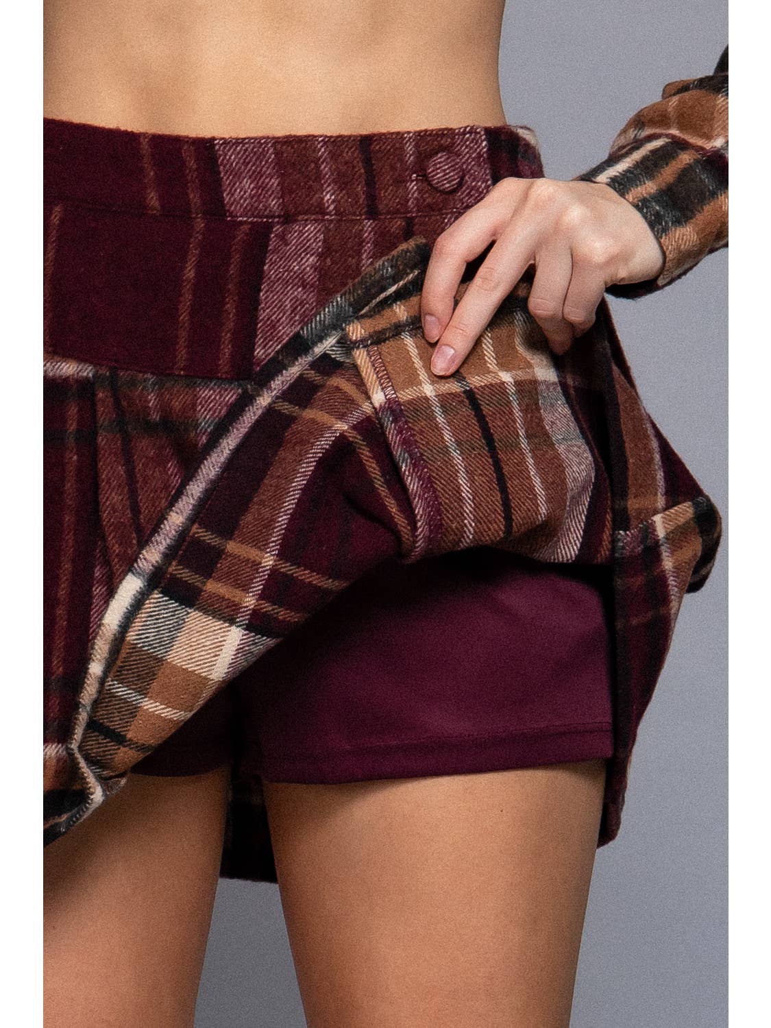 Burgundy Pleats Detail Plaid Skirt