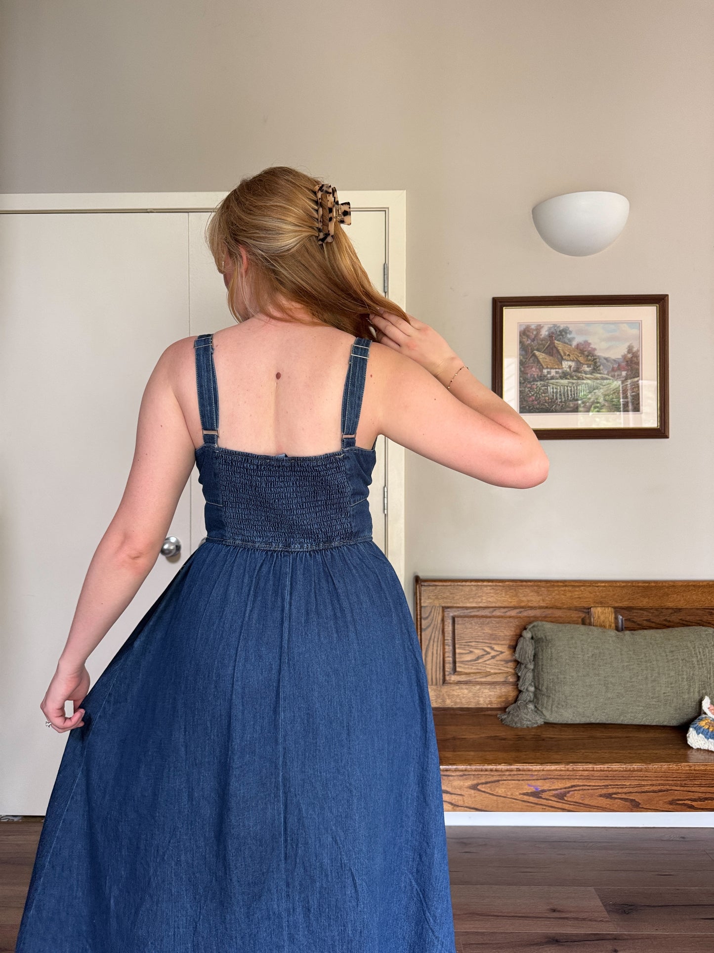 Lace Up Denim Midi Dress