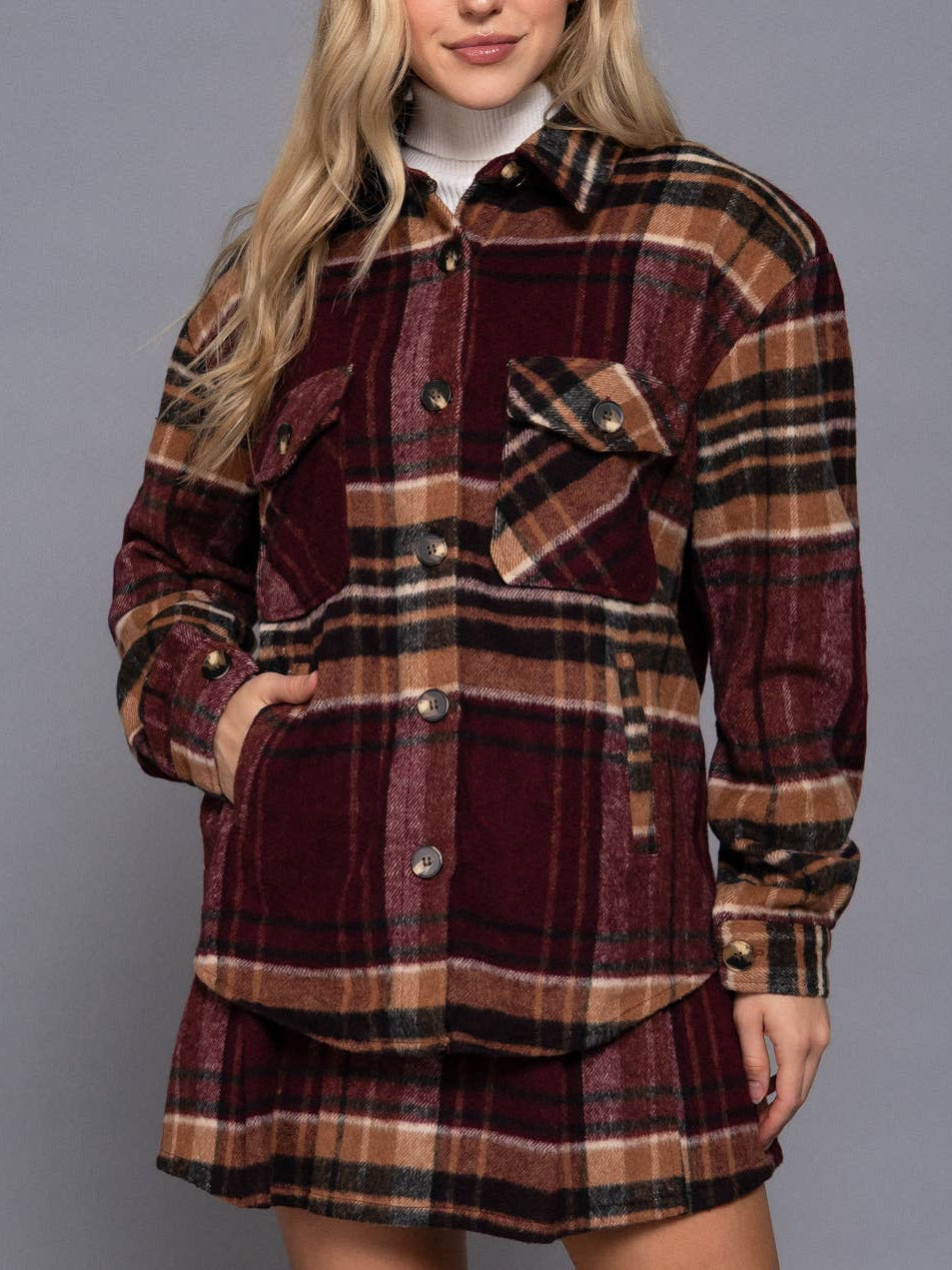 Burgundy Plaid Button Down Jacket