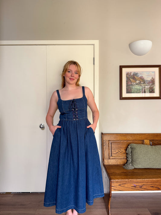 Lace Up Denim Midi Dress