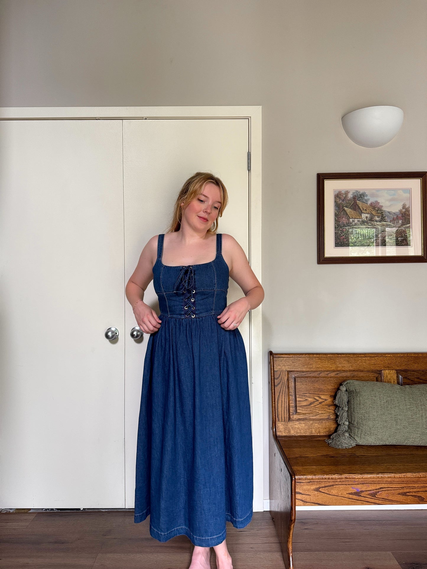 Lace Up Denim Midi Dress