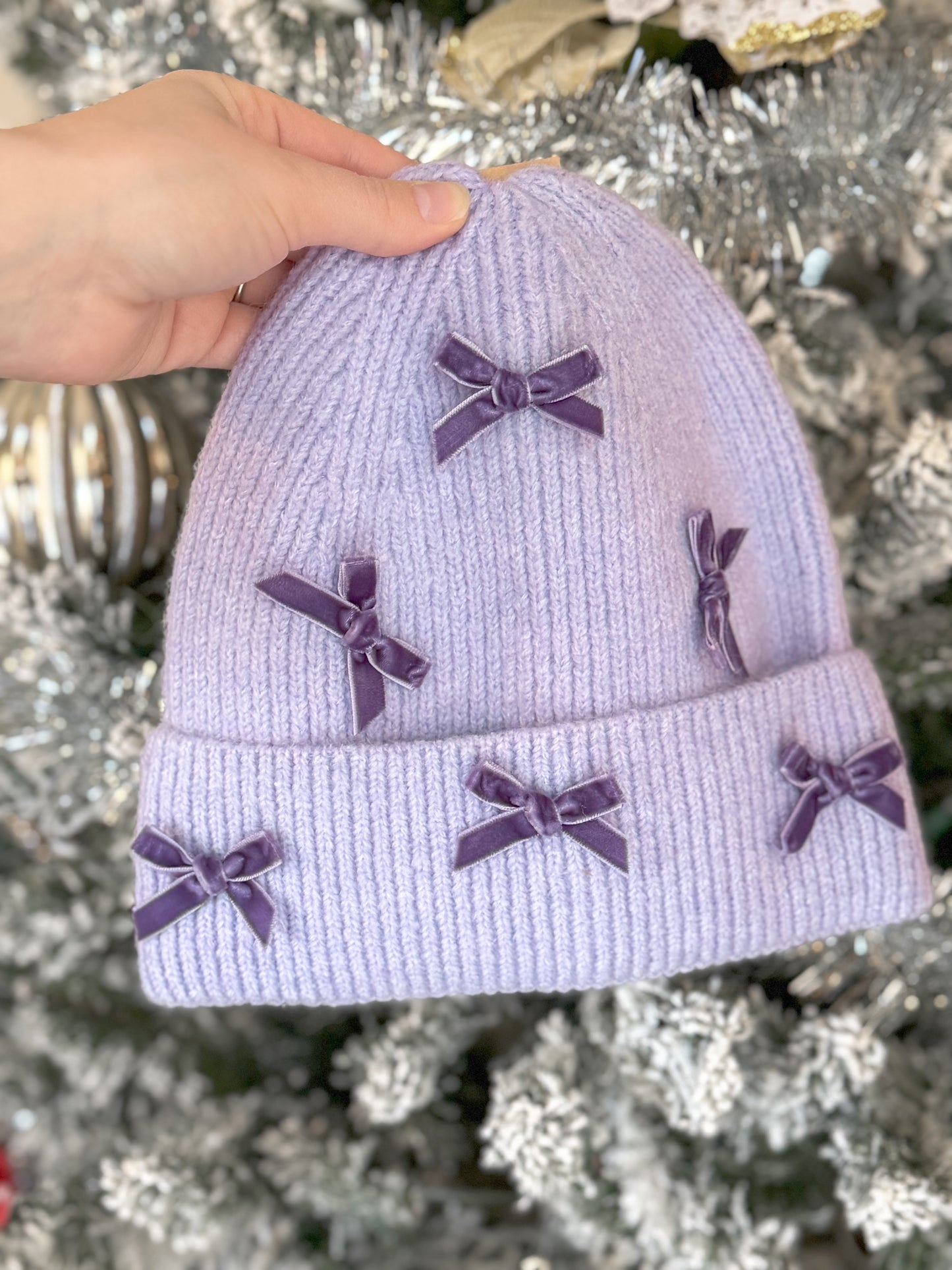 Velvet Bows Knit Beanie Hat