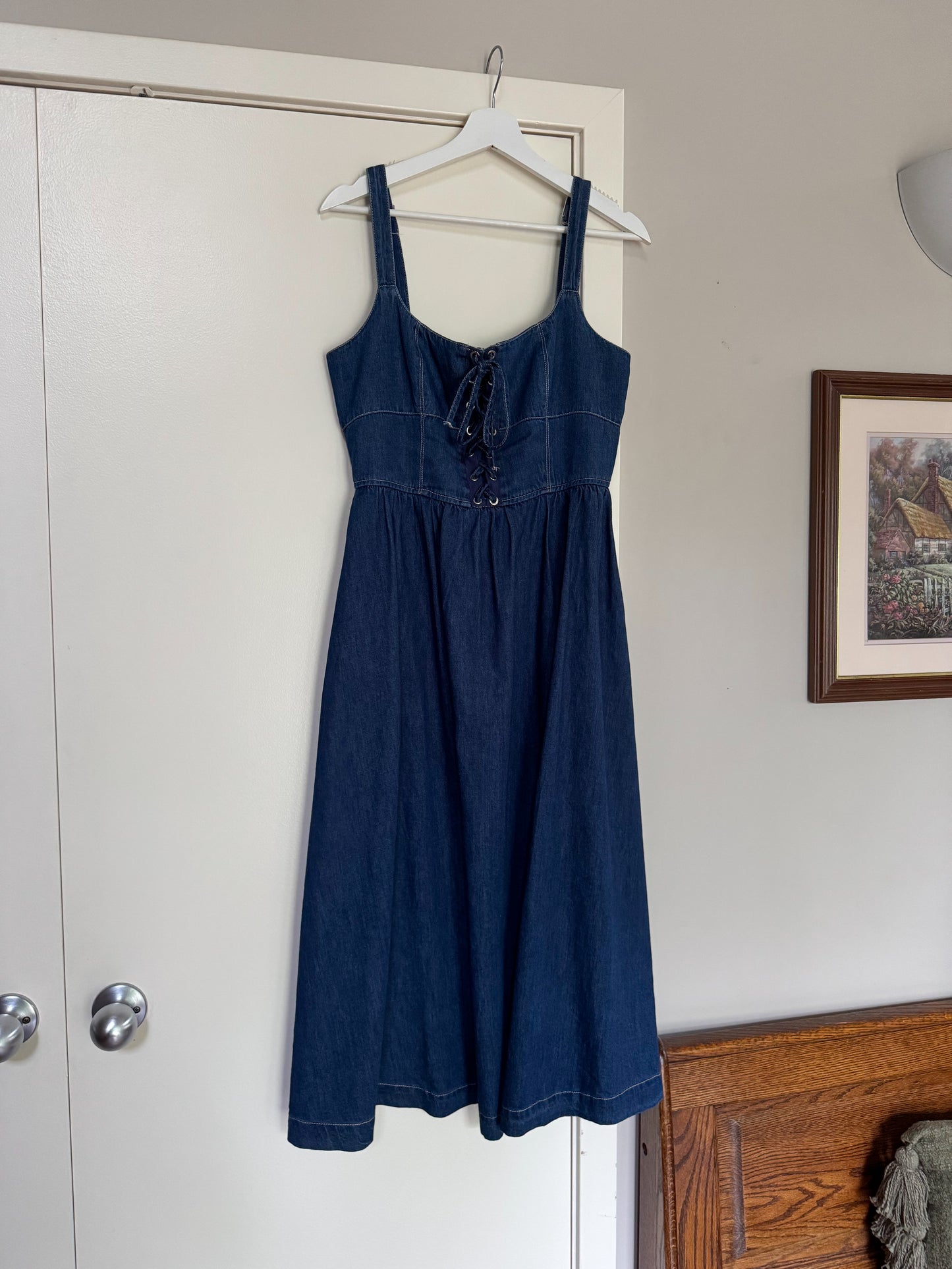 Lace Up Denim Midi Dress